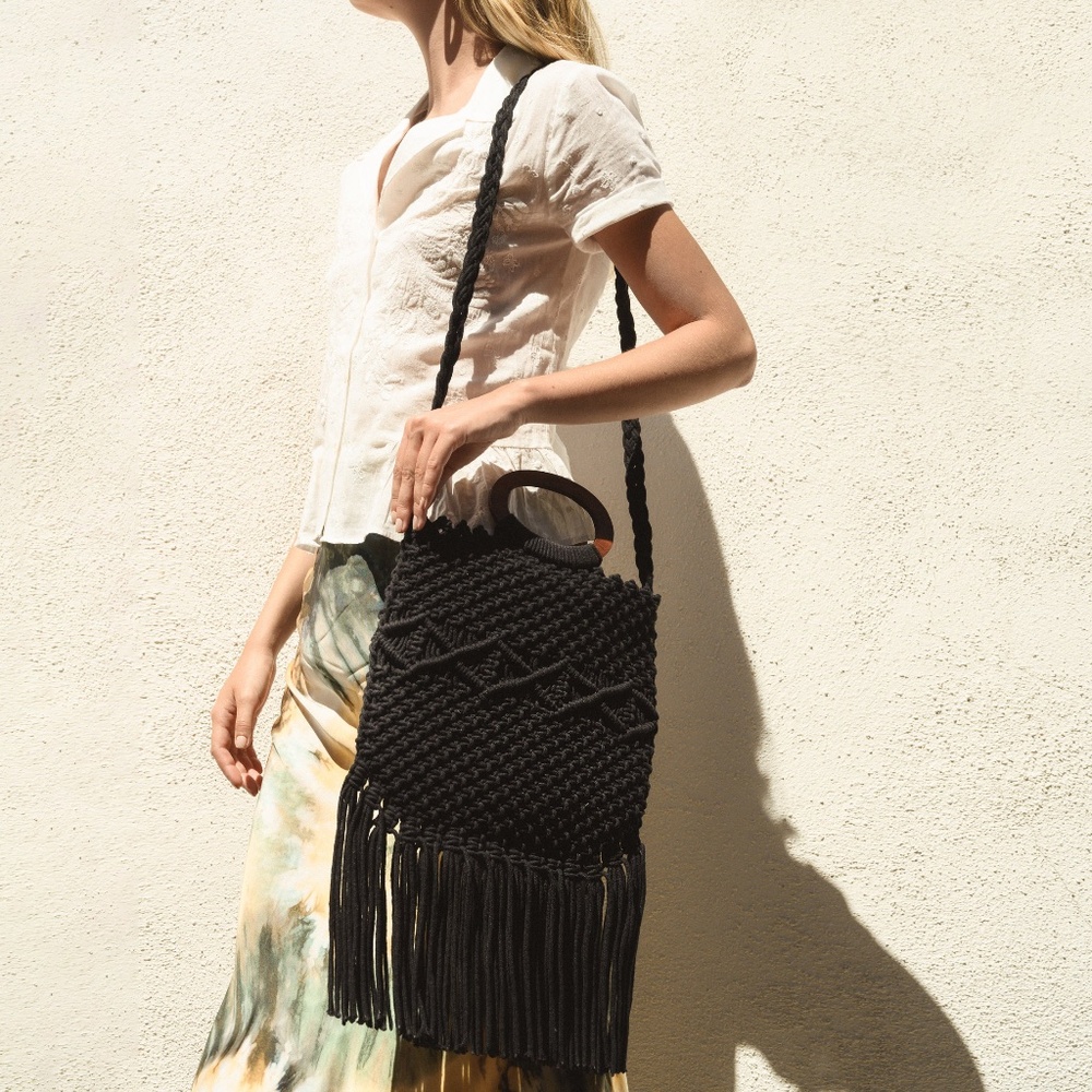 Danielle Nicole black crochet tassel bag